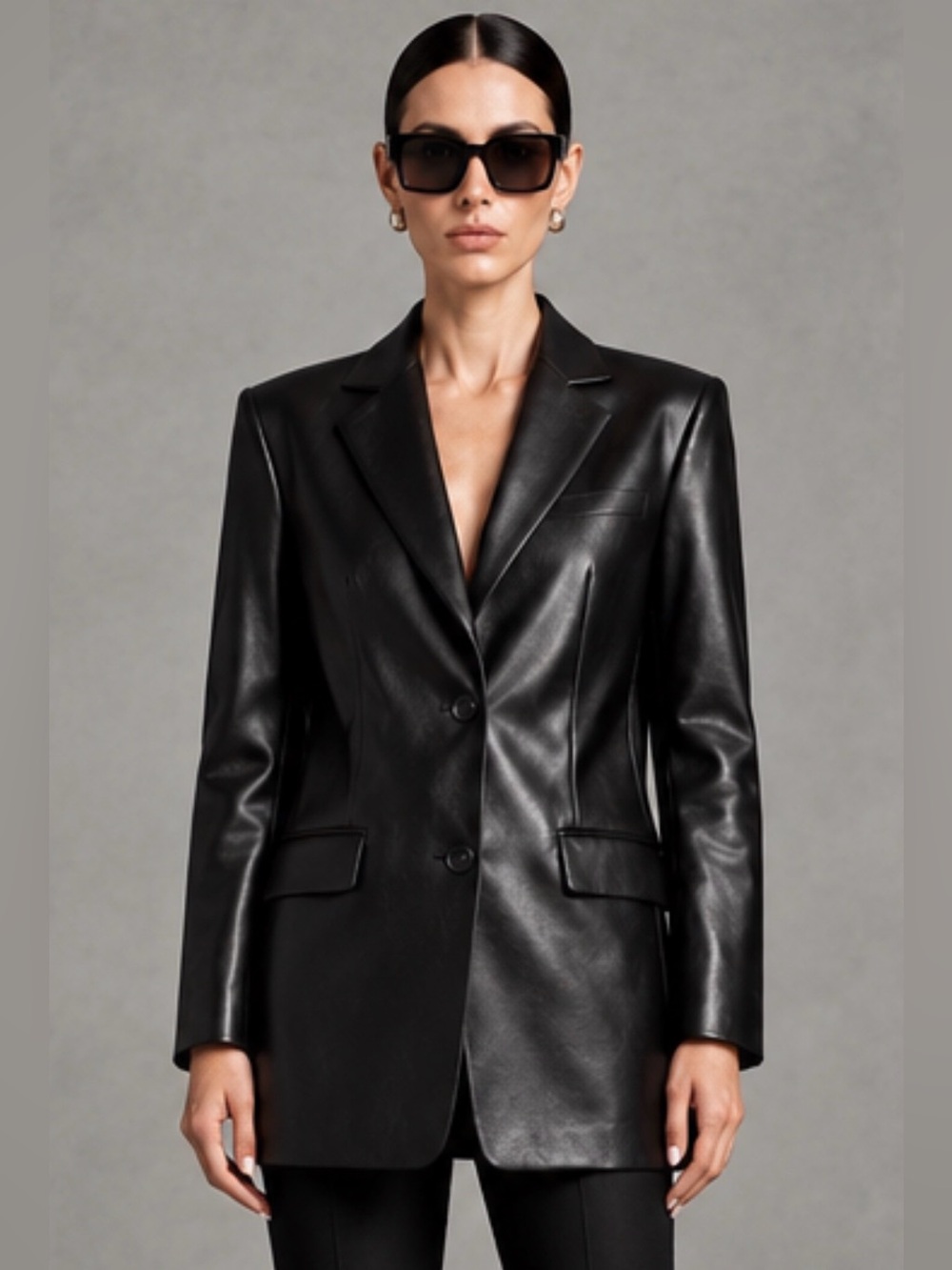 H&M Divided Faux Leather Longline Blazer Black Tailored Jacket XS